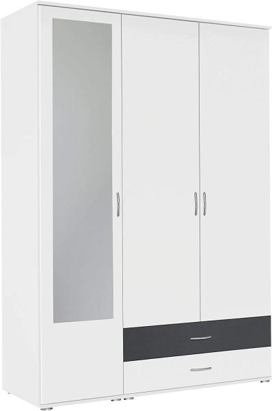 Rauch Möbel A9L92. 2R07 Noosa Schrank Drehtürenschrank, Weiß / Grau Metallic, 3-türig mit Spiegel und 2 Schubladen, inkl. Zubehörpaket Basic 1 Kleiderstange, 3 Einlegeböden BxHxT 127 x 188 x 52 cm