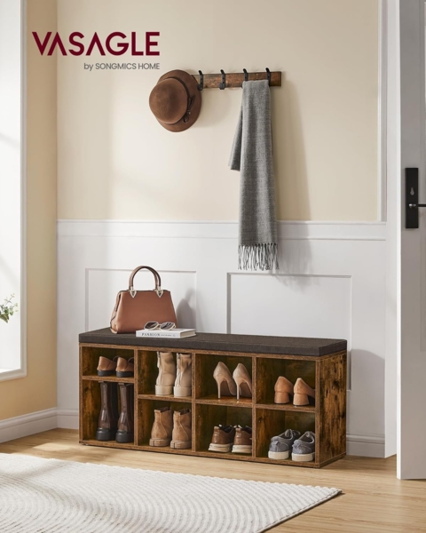 VASAGLE Schuhbank, Sitzbank, Schuh-Organizer mit 8 Fächern und 4 verstellbaren Ablagen, gepolstertes Kissen, für Flur, Wohnzimmer und Schlafzimmer, vintagebraun-grau LHS238K01 Bild 2