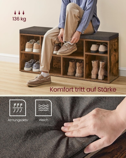 VASAGLE Schuhbank, Sitzbank, Schuh-Organizer mit 8 Fächern und 4 verstellbaren Ablagen, gepolstertes Kissen, für Flur, Wohnzimmer und Schlafzimmer, vintagebraun-grau LHS238K01 Bild 4