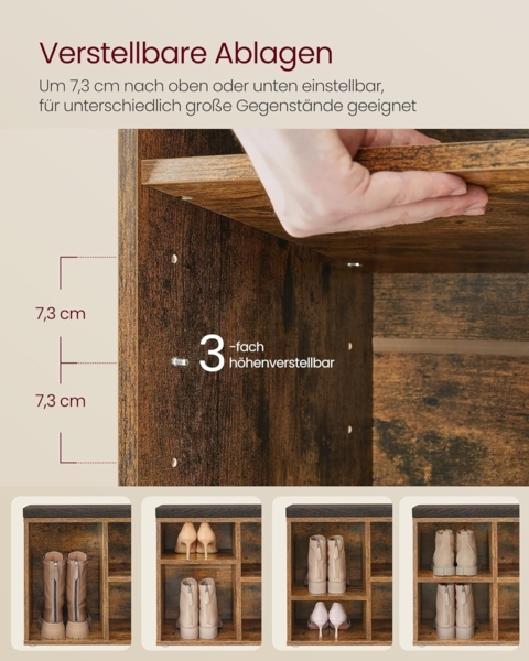 VASAGLE Schuhbank, Sitzbank, Schuh-Organizer mit 8 Fächern und 4 verstellbaren Ablagen, gepolstertes Kissen, für Flur, Wohnzimmer und Schlafzimmer, vintagebraun-grau LHS238K01 Bild 5