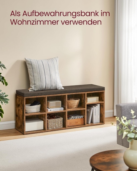 VASAGLE Schuhbank, Sitzbank, Schuh-Organizer mit 8 Fächern und 4 verstellbaren Ablagen, gepolstertes Kissen, für Flur, Wohnzimmer und Schlafzimmer, vintagebraun-grau LHS238K01 Bild 7
