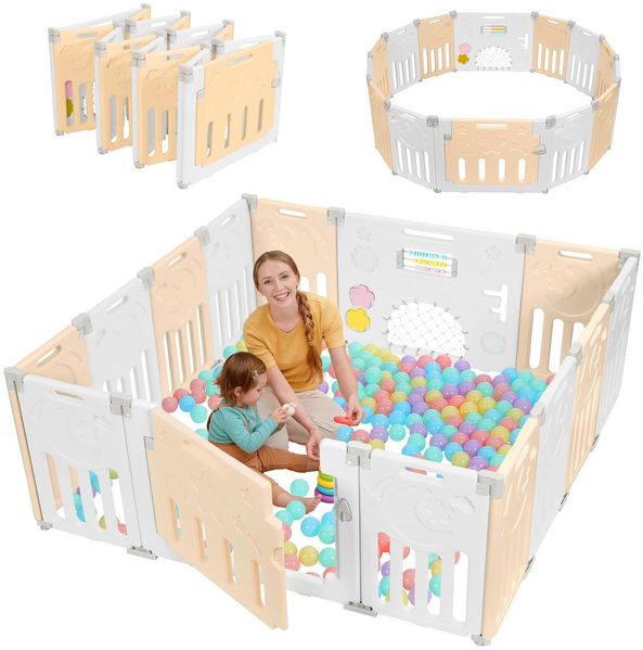 Dripex Faltbarer Laufstall Baby 150×150cm, Laufgitter Baby, Baby Playpen, Baby Laufstall mit Spielzeugboard, Laufstall in Anpassungsfähiger Form, Laufgitter aus Kunststoff, Gelb