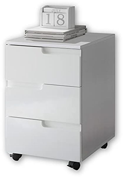 Stella Trading SPICE Rollcontainer Schreibtisch in Hochglanz Weiß - Mobiler Büroschrank mit Schubladen - Modernes Büromöbel Komplettset - 40 x 60 x 45 cm (B/H/T)