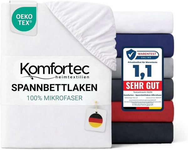Komfortec Mikrofaser Spannbettlaken 180x200 cm – Weiches Spannbetttuch mit Rundumgummi – Fitted Sheet für Matratzen bis 30 cm – Weiß – Oeko-Tex – Pflegeleicht & Hautfreundlich – 90g/m²