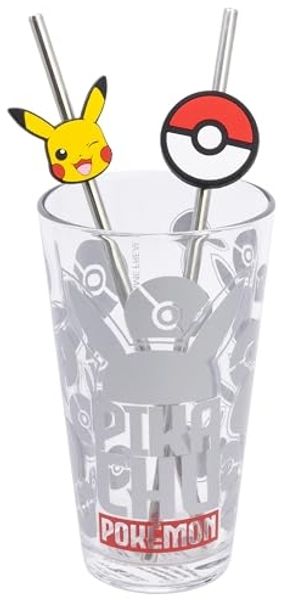 Pokemon Glas 480 ml mit 2 Edelstahl Trinkhalmen
