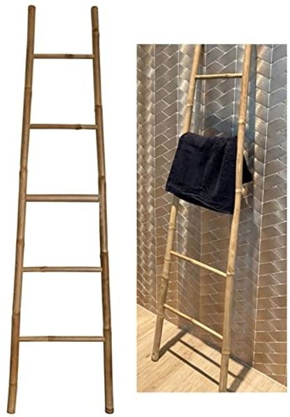 MSV Handtuchleiter BAMBOU, Dekorative Bambusleiter, Handtuchhalter, Kleiderständer, ohne Bohren, 5 Sprossen, 100% echter Bambus, Made in Vietnam, Höhe 150 cm, natur