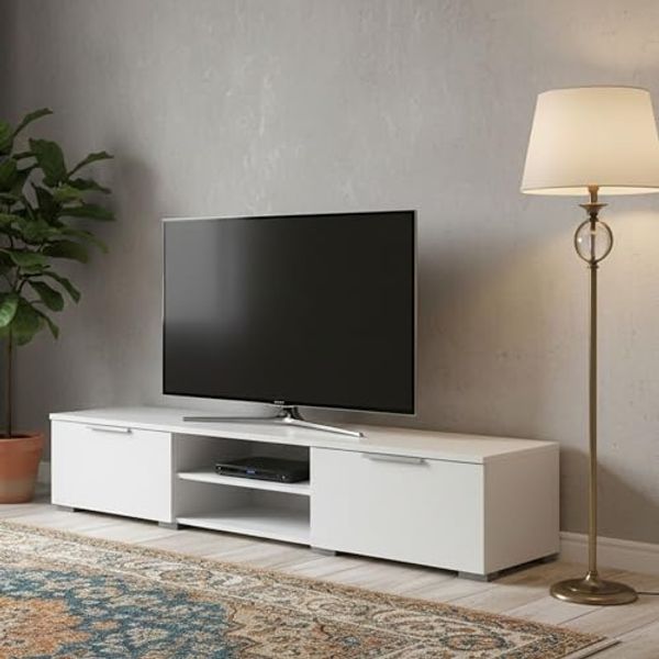 Dmora TV-Schrank mit zwei Schubladen, weiß glänzend, 172 x 33 x 39 cm