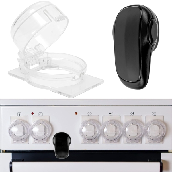Herd Kindersicherung Set, für 6 Knöpfe, transparenter Kleber, mit Backofentür Babysicherung in Schwarz, für max. Ø 4,9 cm und 4 cm hohe Herdknöpfe mit min. 6,1 cm Abstand Mitte-Mitte, Herdschutz Kit Bild 1