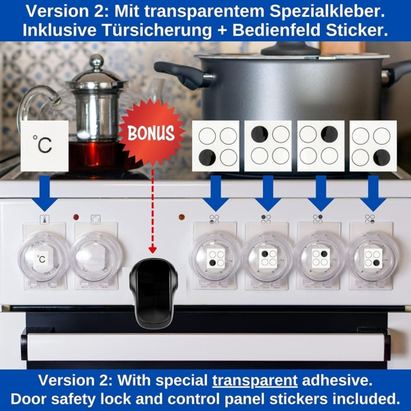 Herd Kindersicherung Set, für 6 Knöpfe, transparenter Kleber, mit Backofentür Babysicherung in Schwarz, für max. Ø 4,9 cm und 4 cm hohe Herdknöpfe mit min. 6,1 cm Abstand Mitte-Mitte, Herdschutz Kit Bild 4