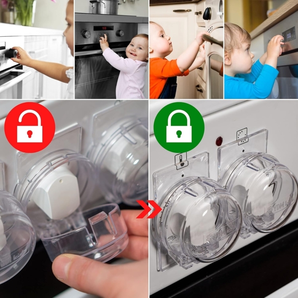 Herd Kindersicherung Set, für 6 Knöpfe, transparenter Kleber, mit Backofentür Babysicherung in Schwarz, für max. Ø 4,9 cm und 4 cm hohe Herdknöpfe mit min. 6,1 cm Abstand Mitte-Mitte, Herdschutz Kit Bild 3