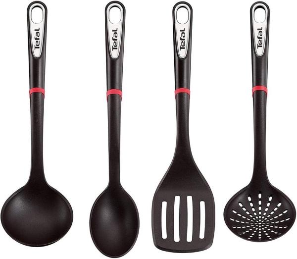 Tefal Ingenio K206S4 Küchenhelfer-Set | Suppenkelle, Gemüselöffel, Löffel, Bratwender | Kunststoff | Schwarz/Silber/Rot- 17,2 x 8,1 x 36 cm (LxBxH)