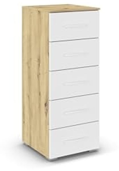 rauch Aditio Box, Kommode, 5 Schubladen, mit Softclose-Funktion, Farbe Weiß/Eiche Artisan, BxHxT 40x100x42cm
