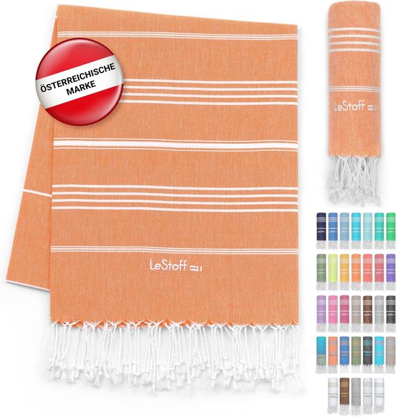 LeStoff das traditionelle Hamamtuch Strandtuch Badetuch Saunatuch Duschtuch Spa Sport Yoga Reisen 100% Bio-Baumwolle. Nachhaltig, natürlich, weich und vorgewaschen. (95x180 cm, Orange)