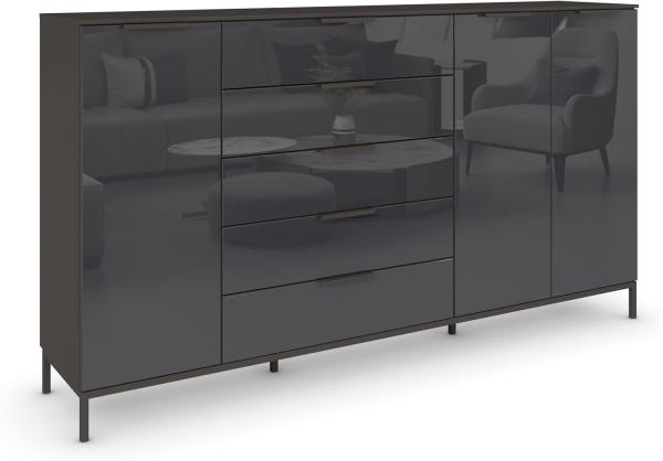 Rauch Möbel Flipp, Kommode mit Stauraum für Wohnzimmer, Schlafzimmer, 4 Fachböden, mit Metallkufe graphit, Graphit/Glasfront Basalt, 3-türig, Glastüren, 5 Schubkästen, Griffe graphit, 199x111x42cm