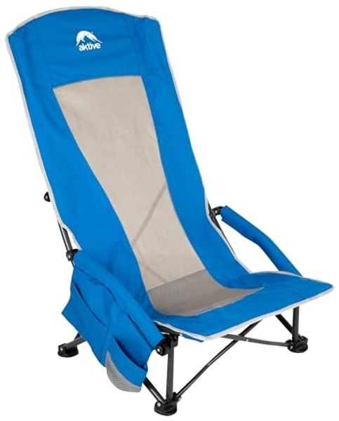 AKTIVE Klappstuhl, 55 x 45 x 95 cm, Blau, Niedrige Sitzfläche, Hohe Rückenlehne, Tasche, Getränkehalter, Kippschutz, Belastbar bis 110 kg, Stahlrahmen, Polyestergewebe, Schultergurt, Klappstühle (63065)