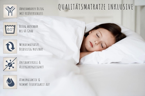 Kids Collective Kinderbett Babybett 60x120/70x140 cm umbaubar zu höhenverstellbares Lattenrost, 70x140 cm Weiß mit Matratze von Geburt bis 6. Lebensjahr Bild 3