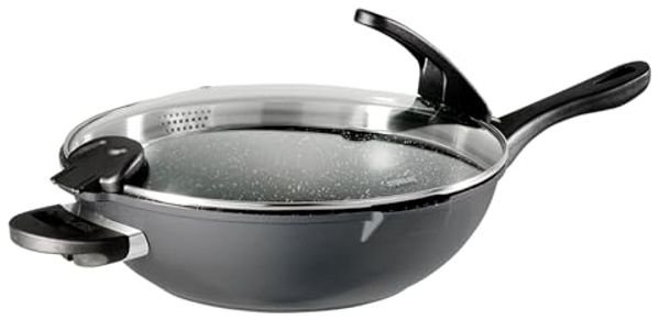 STONELINE Wok, Aluminium (Set, 2-tlg, 1 Wok, 1 Sieb-Glasdeckel, 1 langer Griff, 2 kurze Griffe), mit echten Steinpartikeln, induktionsgeeignet, Designed in Germany