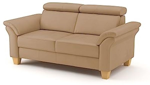 CAVADORE 2-Sitzer-Sofa Ammerland in Echtleder / Landhaus-Sofa mit Federkern + Kopfteilverstellung / 156 x 84 x 93 / Leder Beige