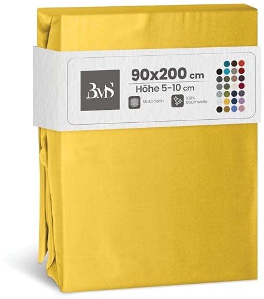 Bettwaesche-mit-Stil Mako-Satin Spannbettlaken gelb 90x200cm Höhe 5-10cm