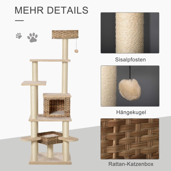 PawHut Kratzbaum mit Katzenhöhle, Mehrstufiger, Beige+Braun, 55L x 55B x 174H cm Bild 4