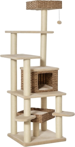 PawHut Kratzbaum mit Katzenhöhle, Mehrstufiger, Beige+Braun, 55L x 55B x 174H cm Bild 1