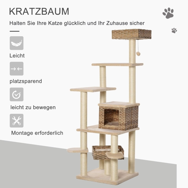 PawHut Kratzbaum mit Katzenhöhle, Mehrstufiger, Beige+Braun, 55L x 55B x 174H cm Bild 3