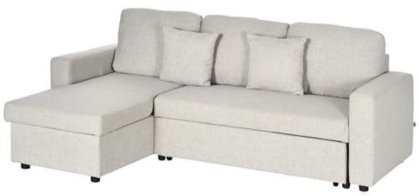 HOMCOM Ecksofa mit Bettfunktion, Stauraum, 2 Kissen, L-Form, Eckcouch aus Leinenstoff 1 Teile, für Wohnzimmer, 225 x 140 x 88 cm, Cremeweiß