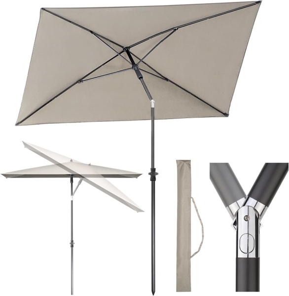 Sekey 210 × 140 cm Sonnenschirm mit Schutzhülle, Balkonschirm Gartenschirm Terrassenschirm, Sonnenschutz UPF50+, Kippbar, Höhenverstellbar, Rechteckig