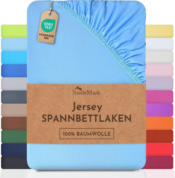 NatureMark Jersey Spannbettlaken, Spannbetttuch 100% Baumwolle in vielen Größen und Farben MARKENQUALITÄT ÖKOTEX Standard 100 | 120x200 cm - hell blau