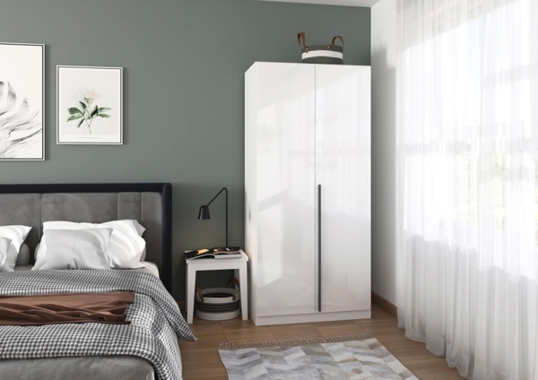 rauch Kleiderschrank Alba, Drehtürenschrank, Garderobenschrank, 2-türig, mit 1 Kleiderstange und 1 Einlegeboden, Farbe Hochglanz Weiß/Weiß, Griffstange Grau metallic, Schwarz, 91x197x54cm Bild 2