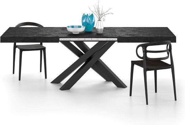 MOBILI FIVER, Ausziehbarer Tisch Emma 160, schwarzer Beton mit schwarzen X-Beinen, Laminiert/Eisen, Made in Italy