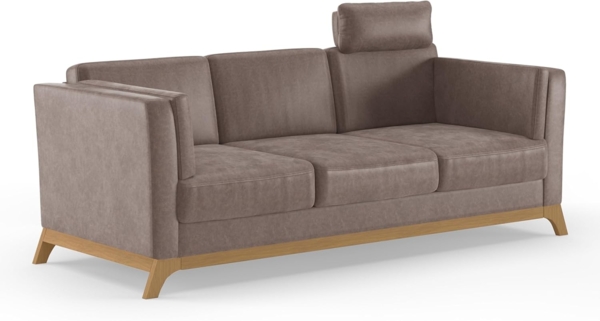 Cavadore 3er-Sofa Vida / 3-Sitzer Couch im trendigen Design mit massivem Holzrahmen in Eiche, Kopfstütze mit Kuschelkissen / 213 x 84 x 93 / Mikrofaser, Hellbraun