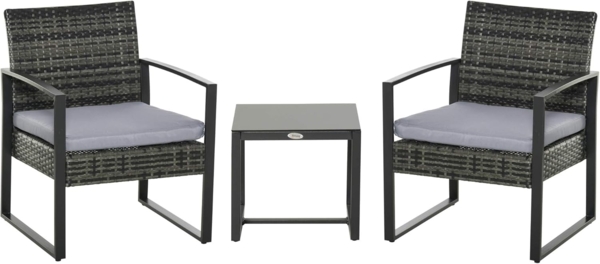 Outsunny Rattan, Polyrattan 3 TLG. Balkonmöbel Set Gartenmöbel mit Kissen Garten Grau