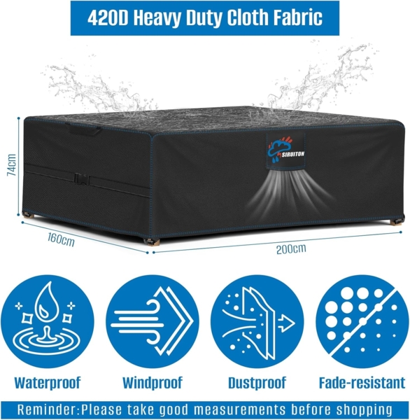 SIRUITON 200 x 160 x 70 cm Gartenmöbel Abdeckung mit Belüftungsöffnungen, Wasserdicht, Winddicht, UV-Beständiges, Schwerlast,Reißfest 420D Oxford Abdeckplane Gartenmöbel, Abdeckung Gartenmöbel Winterfest Bild 2