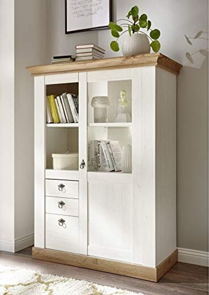 Landhaus Highboard Vitrine LINARES-61 in Pinie weiß / Wotan Eiche Nb. inkl. LED - B/H/T ca. : 102/139/44 cm