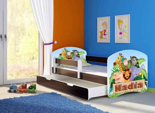 ACMA Kinderbett Jugendbett mit Einer Schublade und Matratze Wenge mit Rausfallschutz Lattenrost II 140x70 160x80 180x80 (02 Animals name, 160x80 + Bettkasten) Bild 2