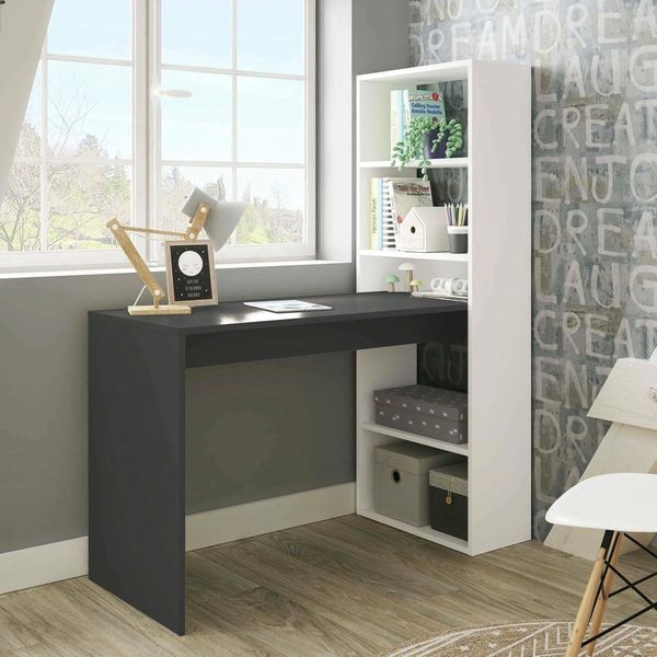 Dmora - Schreibtisch Denton, Wendeschreibtisch mit Bücherregal mit 5 Böden, Studier- oder Bürotisch für PC-Buchhalter, cm 120x53h144, Weiß und Anthrazit