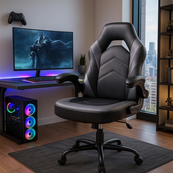 DUMOS Gaming Stuhl - Ergonomischer Gaming Sessel, Verstellbarer Drehbarer Gamingstuhl aus PU-Leder mit klappbaren Armlehnen, Geeignet für Zuhause, Büros usw(Schwarz-Grau)