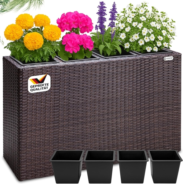 Casaria Pflanzkübel, 4 Innentöpfe Herausnehmbar Polyrattan 95x27x60cm Blumentopf Braun
