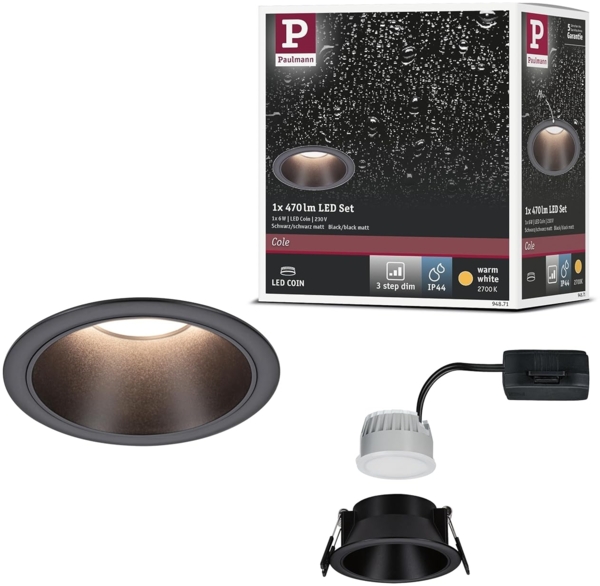 Paulmann 94871 LED Einbauleuchte Cole Coin 2700K schwarz 3-Step-Dim IP44