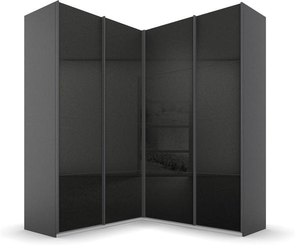 Rauch Möbel Quadra Schrank Eckschrank Schwebetürenschrank, Grau Hochglanz / Grau, 4-trg, inkl. 2 Kleiderstangen, 12 Einlegeböden, BxHxT 181x229x187 cm