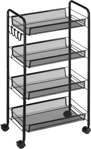 HOMCOM Servierwagen abnehmbar, mit 4 Ebene, Haken, Griff, Bremsen, (Aufbewahrungswagen, 1 St, Küchenwagen), für Küche, Wohnzimmer, Stahl, Schwarz