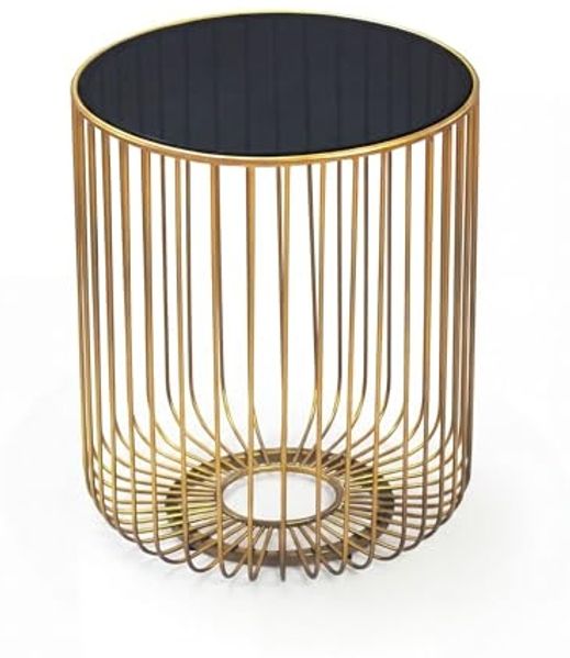 Beistelltisch Glas Metall 40cm Gold Rund - Moderner Anstelltisch - Design Sofatisch Couchtisch Drahtkorb - Loungetisch mit Gittergestel - Runder Wohnzimmertisch Klein Handmade