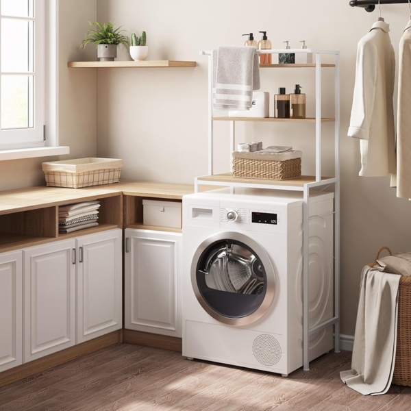 EUGAD Waschmaschinenregal, WC Regal über Waschmaschine Toilette, Waschmaschinenschrank Überbauschrank, Toilettenschrank, 3 Ablagen, Handtuchhalter, Metall Holzwerkstoff, 67 x 162 x 40 cm, Weiß