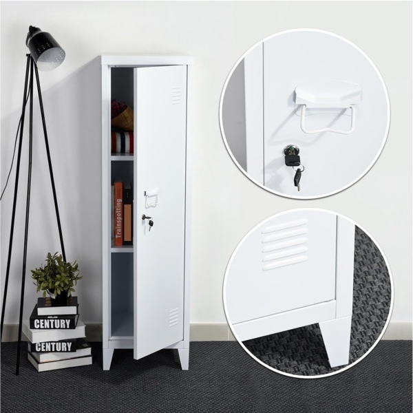 BAKAJI Ankleideschrank aus Metall, Tür mit Schlüssel, 3 Innenfächer, Maße 138 x 38,5 x 38,5 cm (weiß) Bild 5