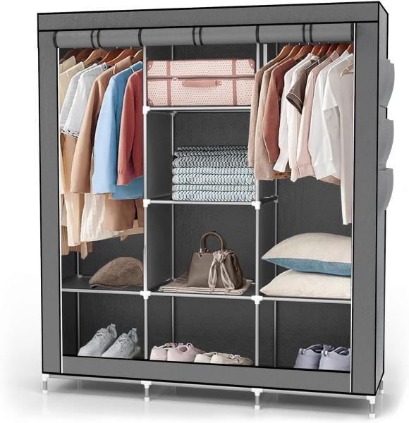 INTIRILIFE Faltschrank mit Kleiderstange, Fächern und Seitentasche, asch grau, 130 x 175 x 45 cm