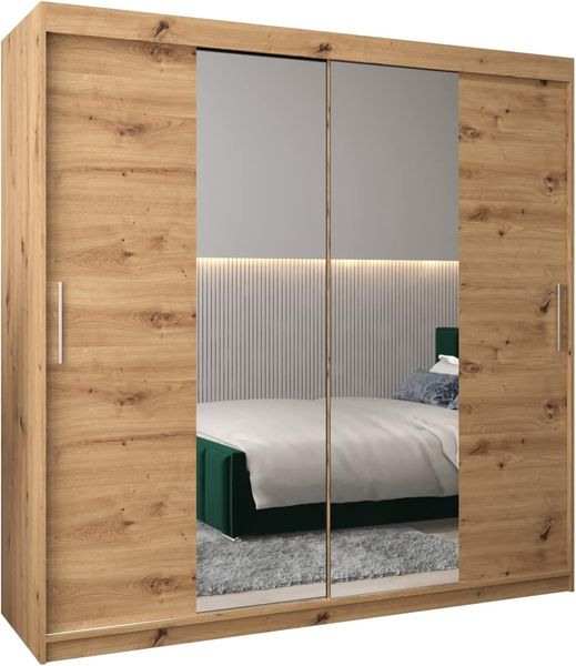 Schwebetürenschrank Tokyo 1-200 cm mit Spiegel Kleiderschrank mit Kleiderstange und Einlegeboden Schlafzimmer- Wohnzimmerschrank Schiebetüren Modern Design (Artisan Eiche)