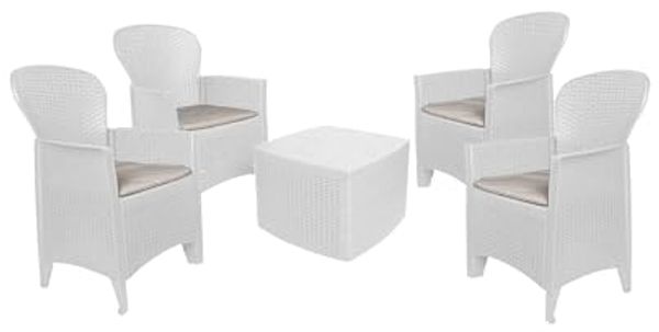 Dmora - Outdoor Lounge Set Anagni, Outdoor oder Indoor Lounge Set, 4 Sessel mit Armlehnen und einem Ablagetisch, Made in Italy, Weiß