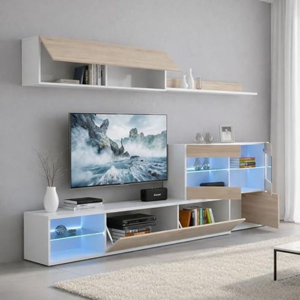 Dmora - Wohnwand Adams, Modulares Eck-Wohnzimmerset, Multipositions-Wohnzimmermöbel mit LED-Licht, 260x41h180 cm, Eiche und Weiß