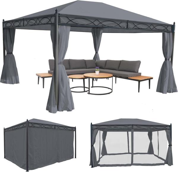 Pergola Cadiz, Garten Pavillon, stabiles 7cm-Gestell mit Seitenwand + Moskitonetz ~ grau 4x3m